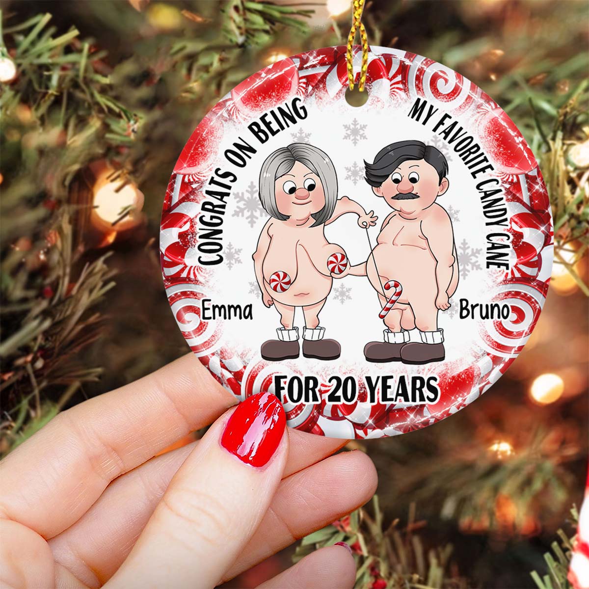 Congrats On Being My Favorite Candy Cane - Personalized Husband And Wife Ceramic Circle Ornament