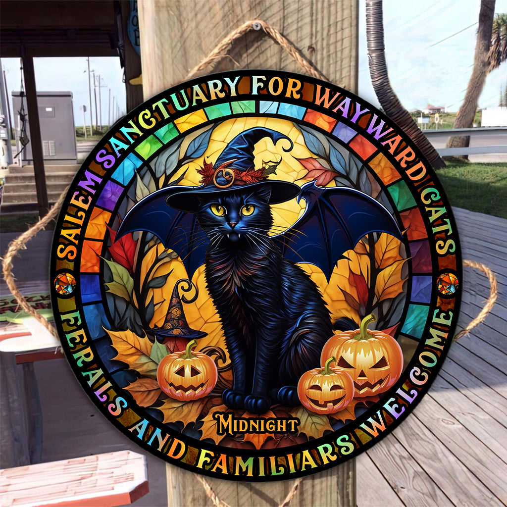 Salem Sanctuary for Wayward Cats - Personalized Black Cat Round Wood Sign