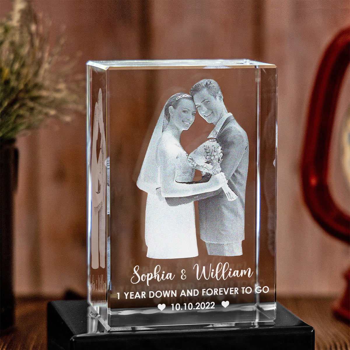 Wedding Anniversary Laser Engraved Gift - Personalized Husband And Wife Laser Engraving 3D Cuboid Shaped Crystal Lamp