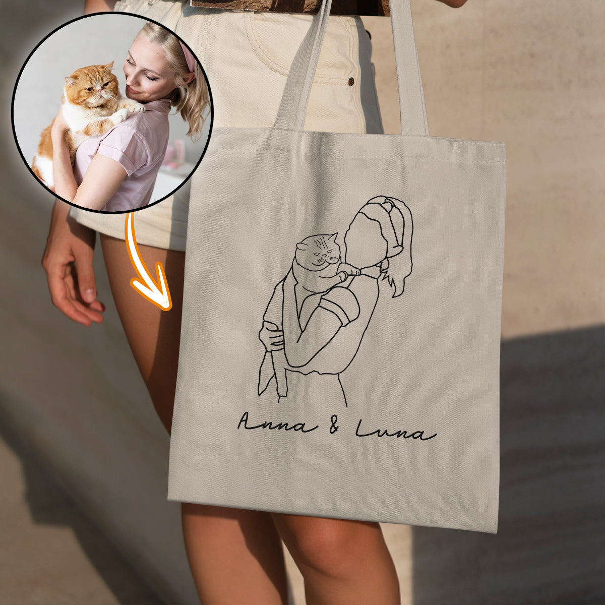 Custom Photo Line Art - Personalized Cat Embroidered Tote Bag