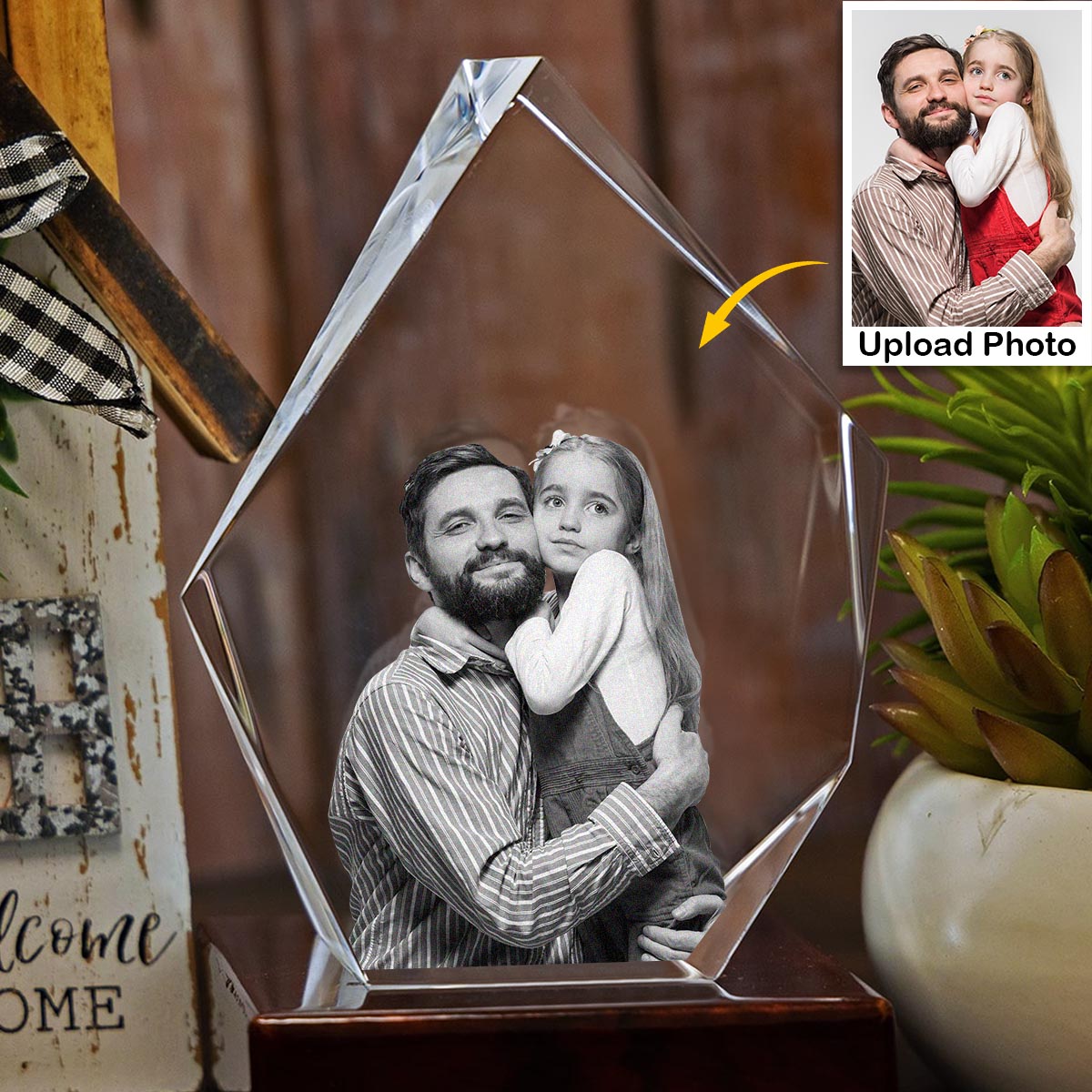 Custom Photo - Personalized Step Dad Laser Engraving 3D Iceberg Shaped Crystal Lamp