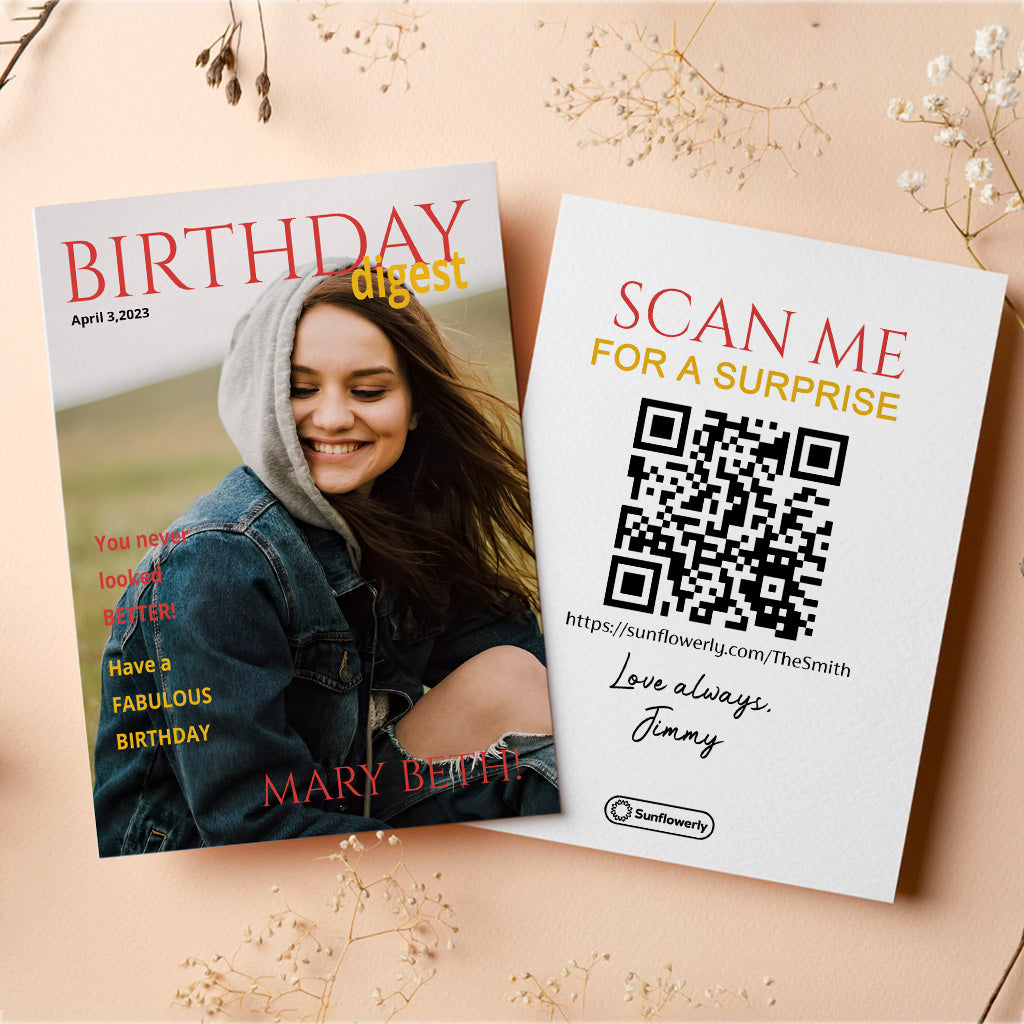 Birthday Digest Magazine Photo Upload - Personalized QR Greeting Card