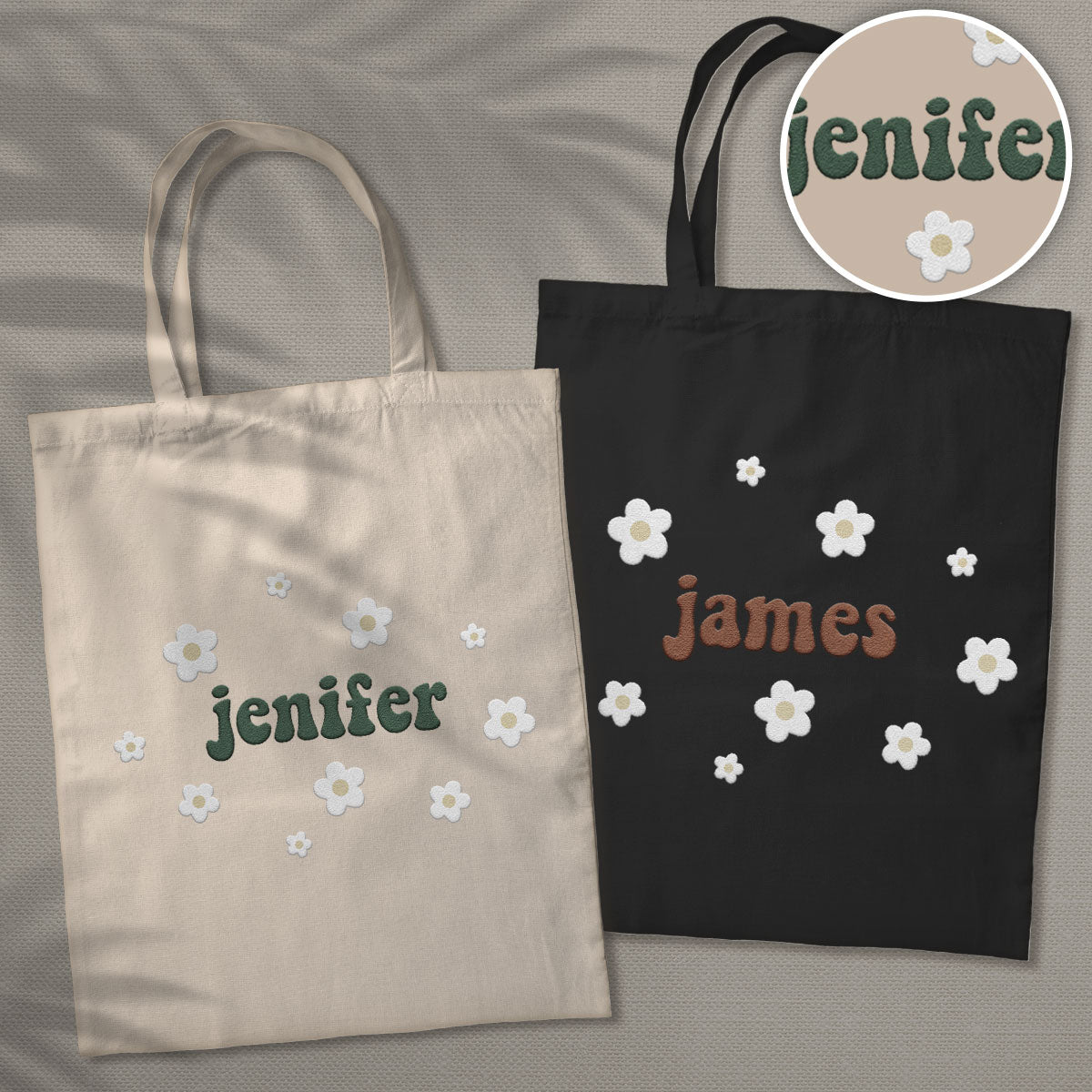 Custom Name With Flower - Personalized Couple Embroidered Tote Bag