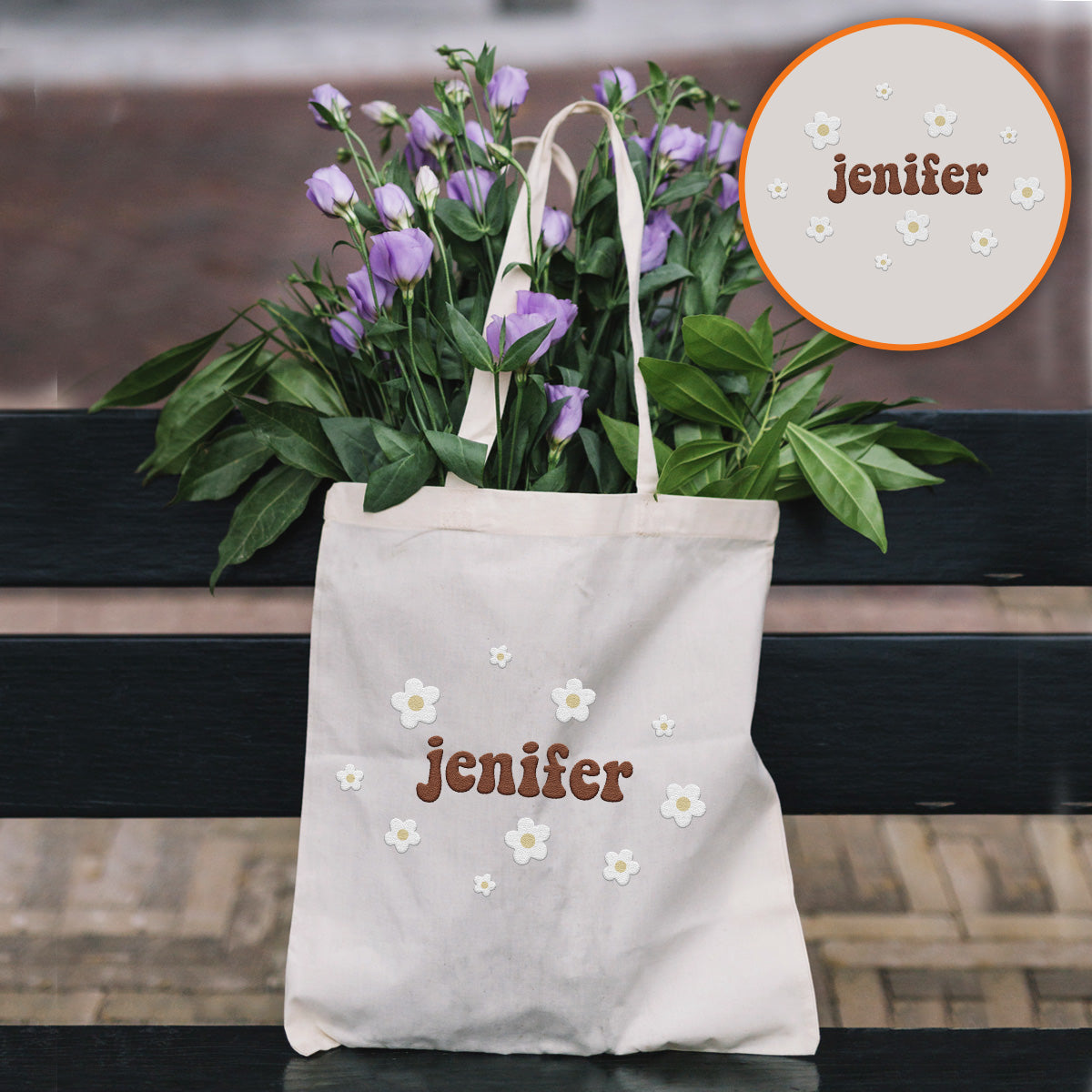 Custom Name With Flower - Personalized Sibling Embroidered Tote Bag