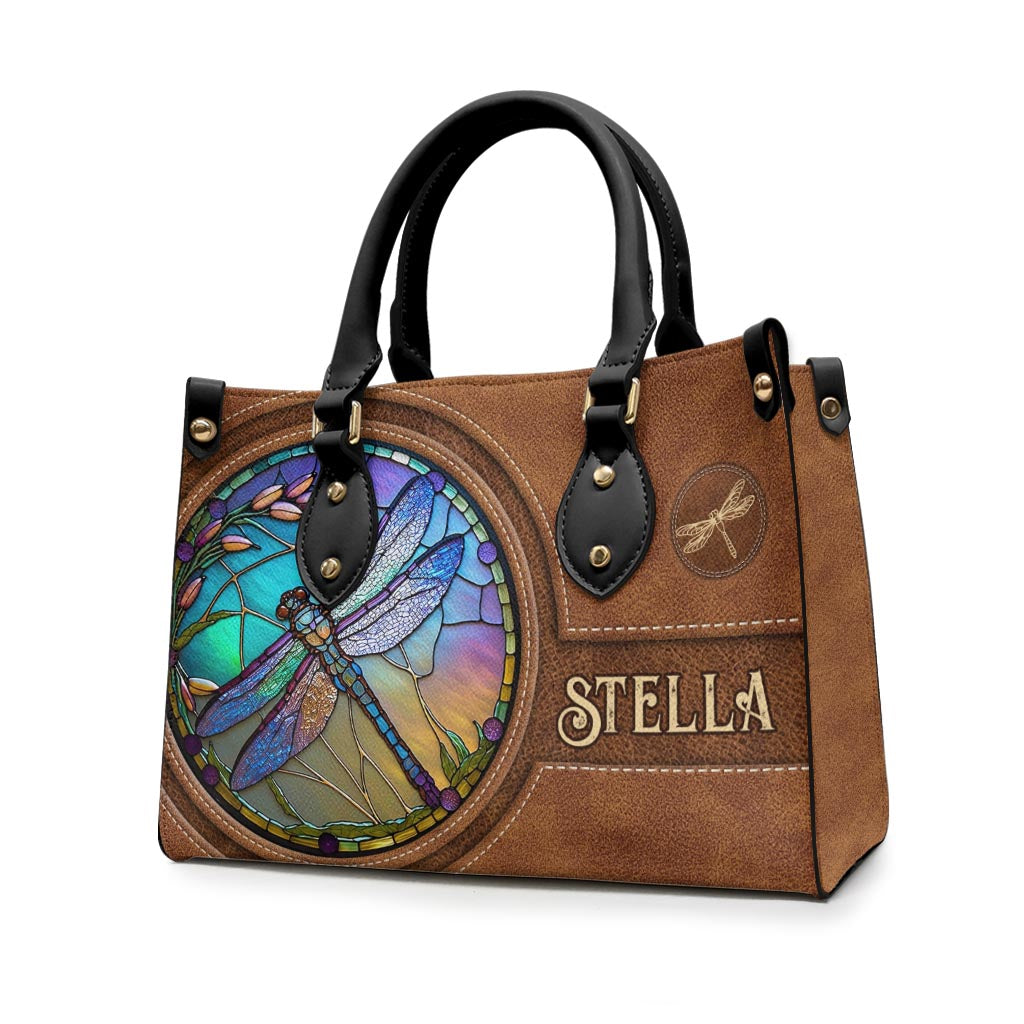 Stained Glass Dragonfly - Personalized Dragonfly Leather Handbag