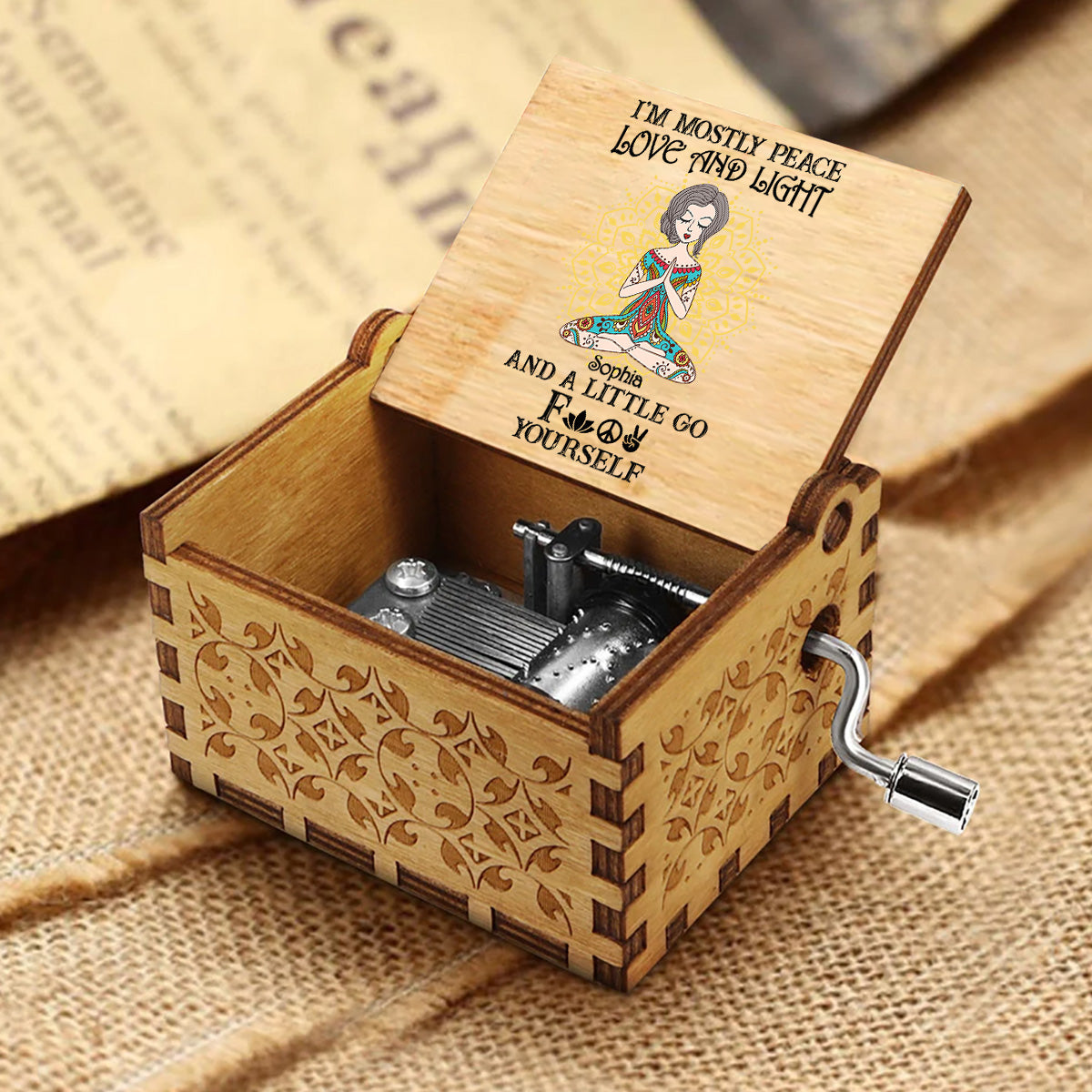 I’m Mostly Peace Love And Light - Personalized Yoga Hand Crank Music Box