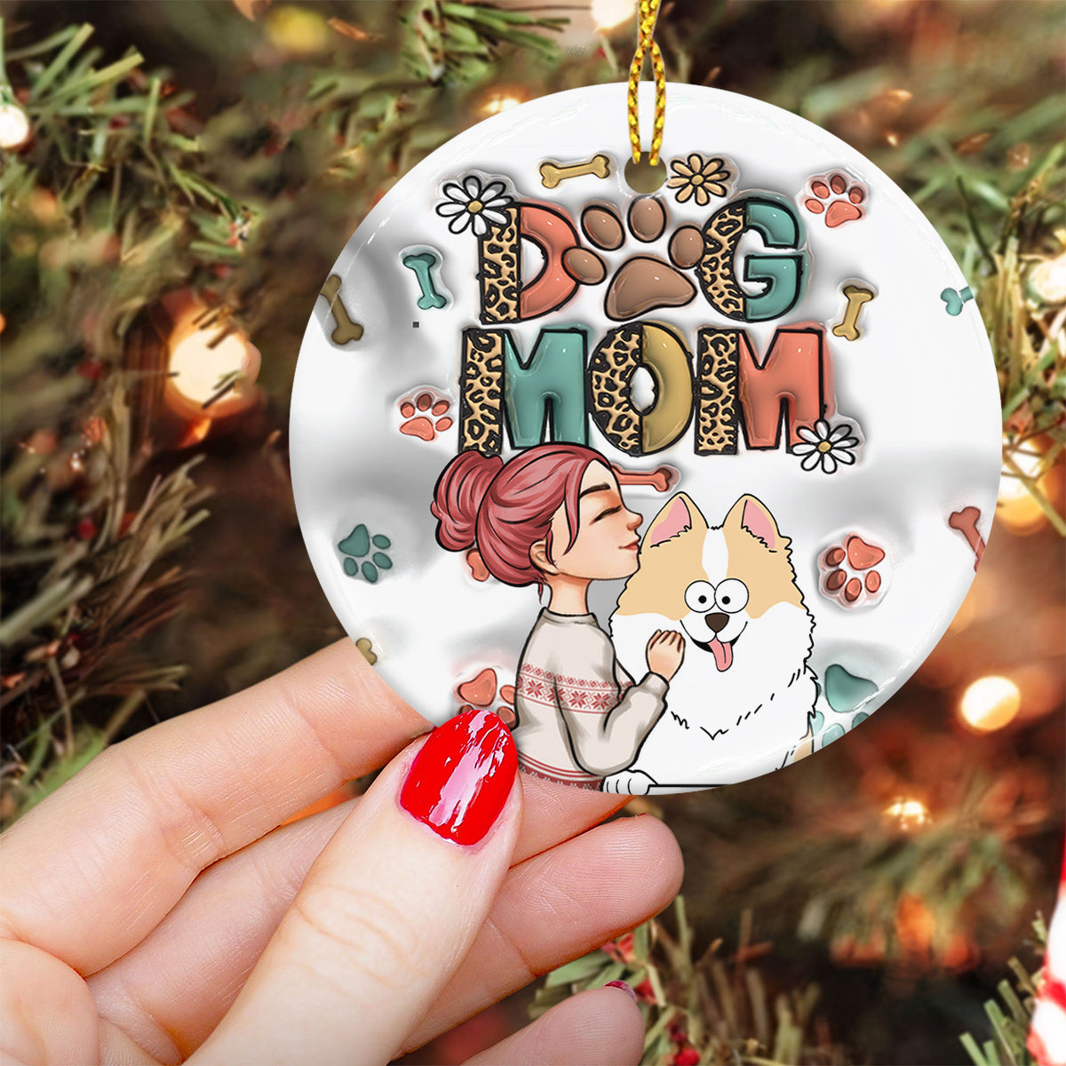 Dog Mom Cat Mom Inflated - Gift for dog lovers, cat lover - Personalized Ceramic Circle Ornament