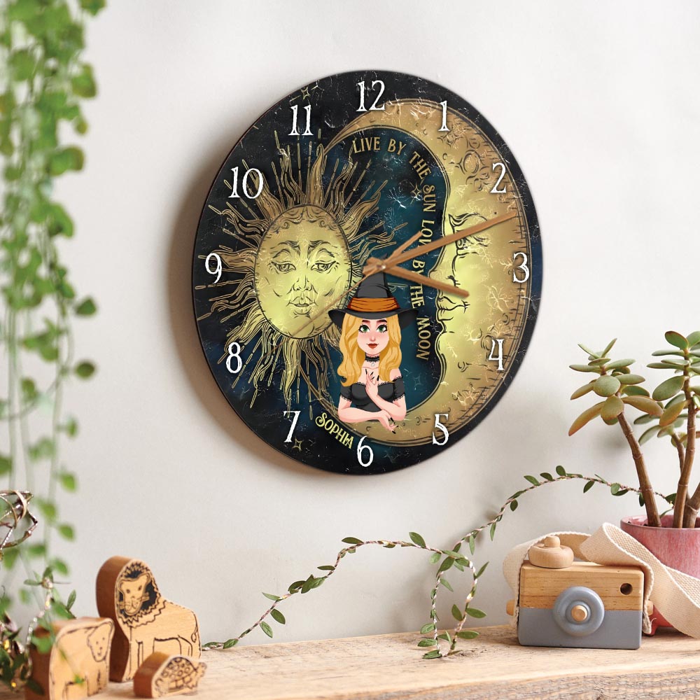 Live By The Sun Love By The Moon - Personalized Witch Wall Clock