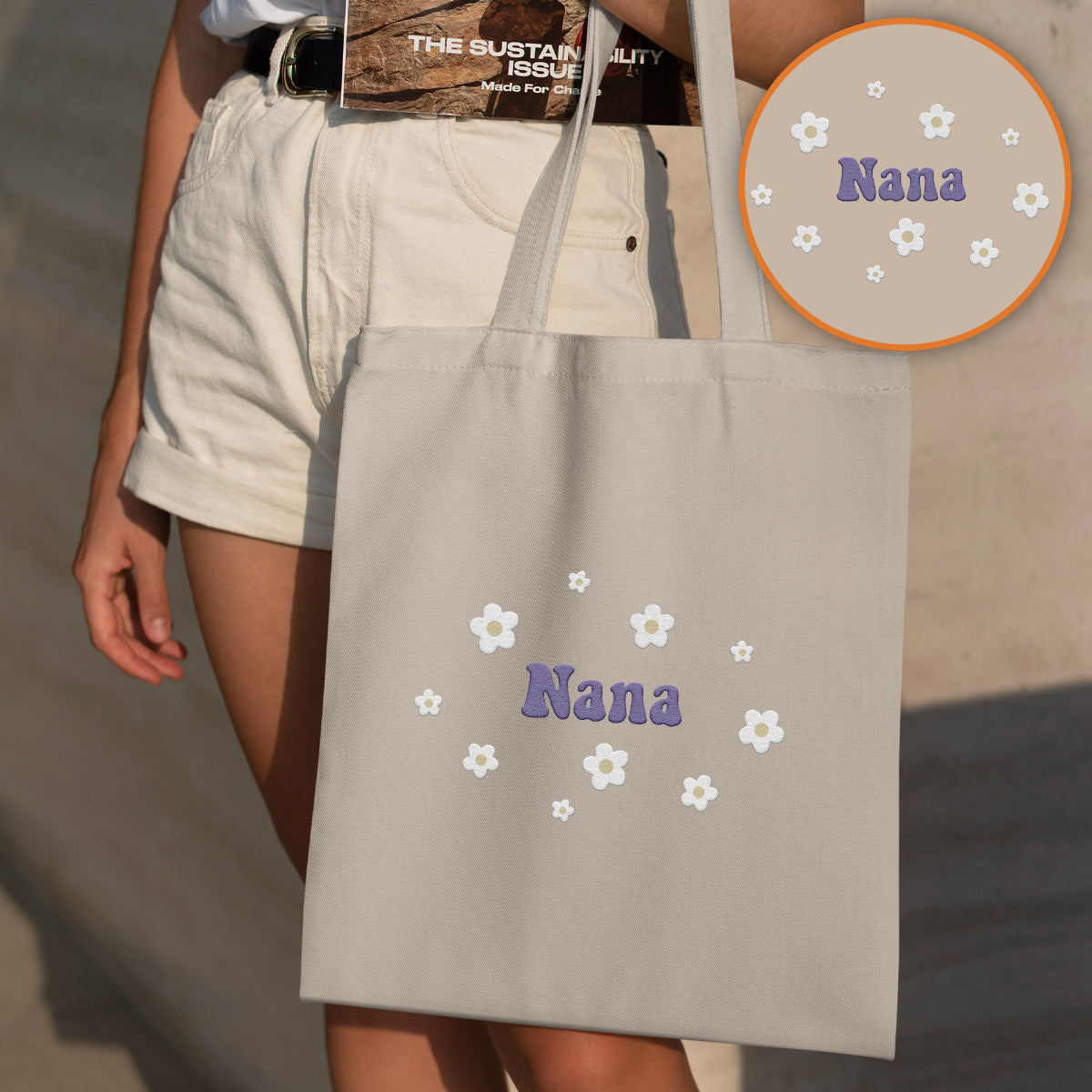 Custom Name With Flower - Personalized Grandma Embroidered Tote Bag