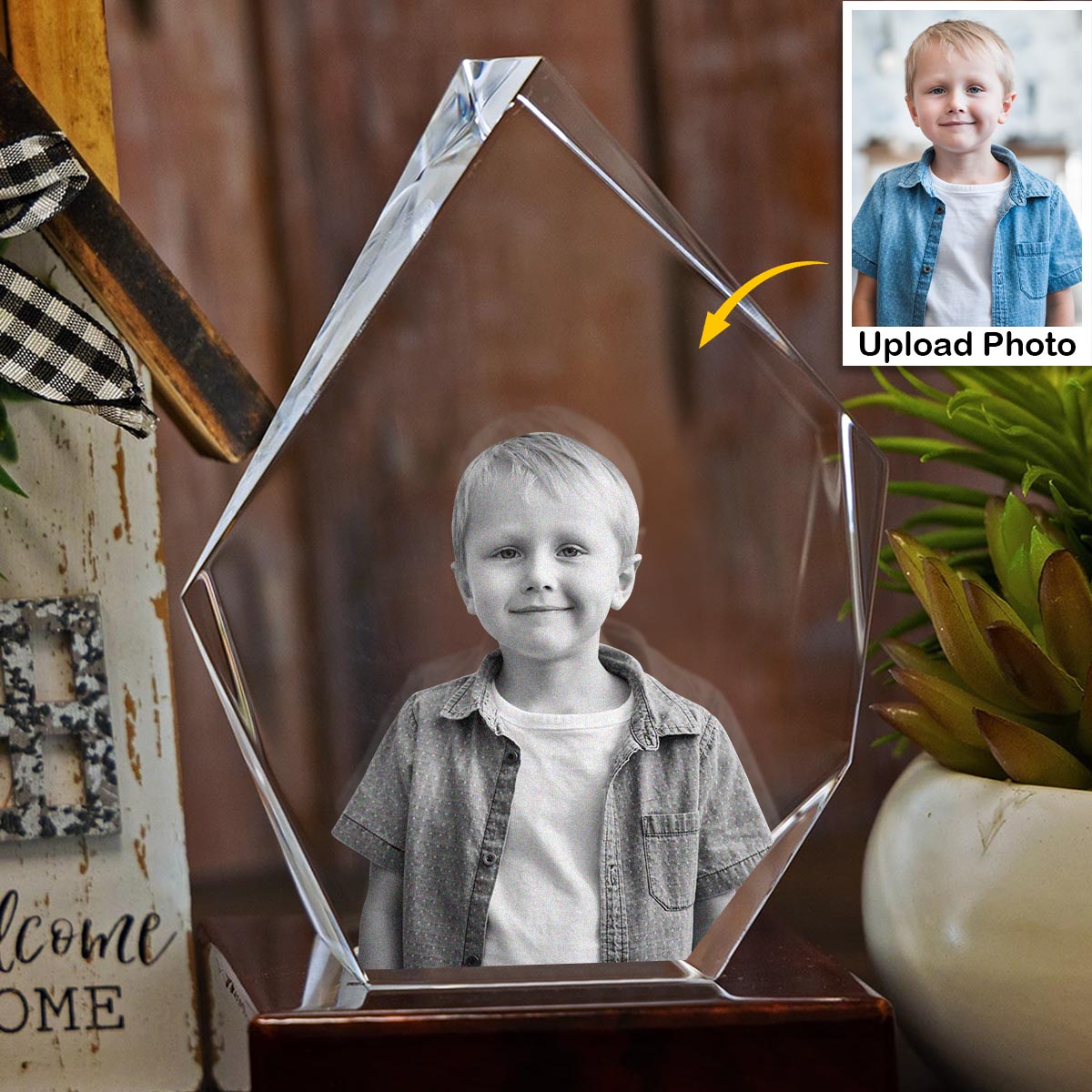 Custom Photo - Personalized grandson Laser Engraving 3D Iceberg Shaped Crystal Lamp