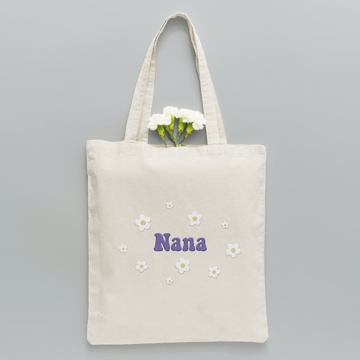 Custom Name With Flower - Personalized Grandma Embroidered Tote Bag