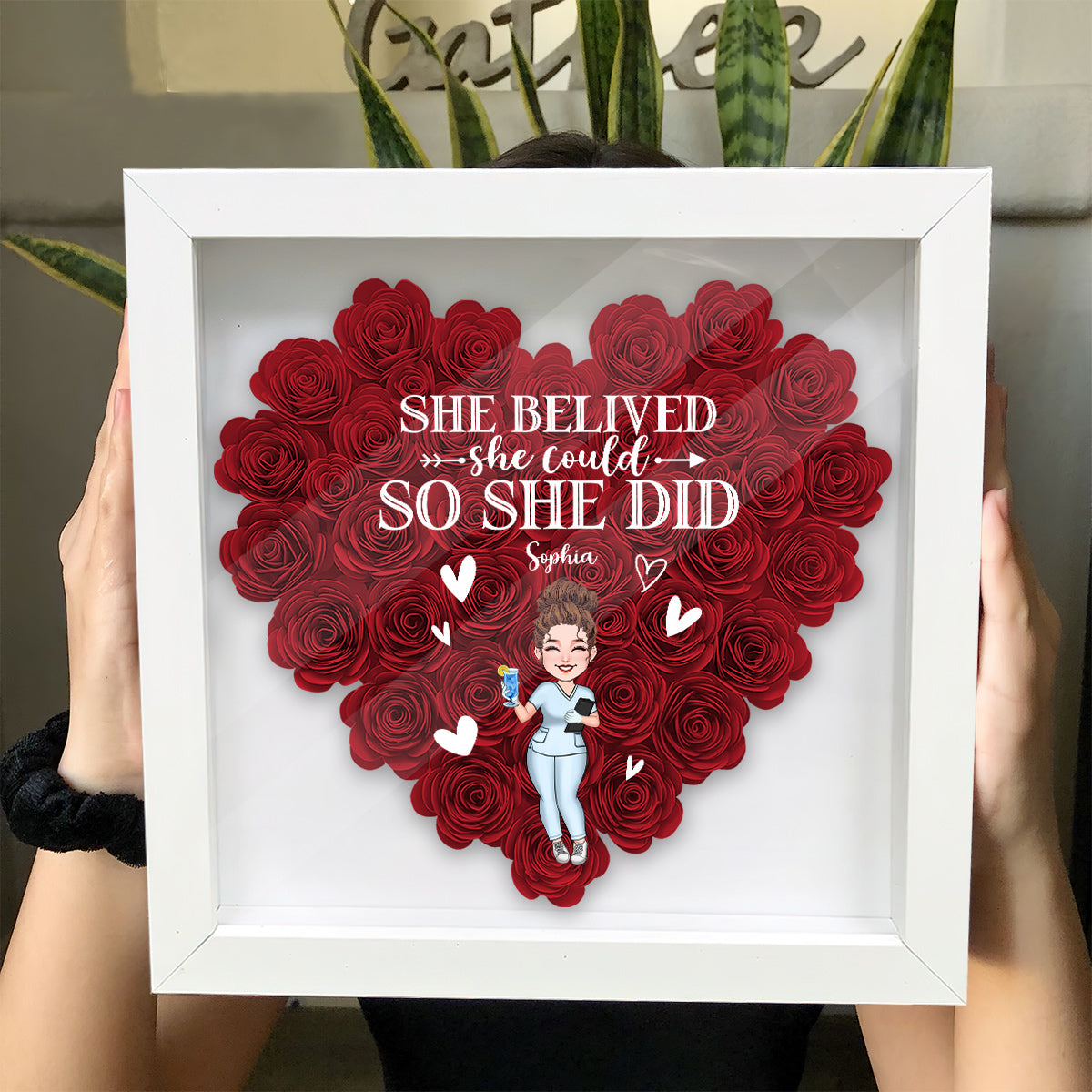 She Believed She Could - Personalized Nurse Flower Shadow Box