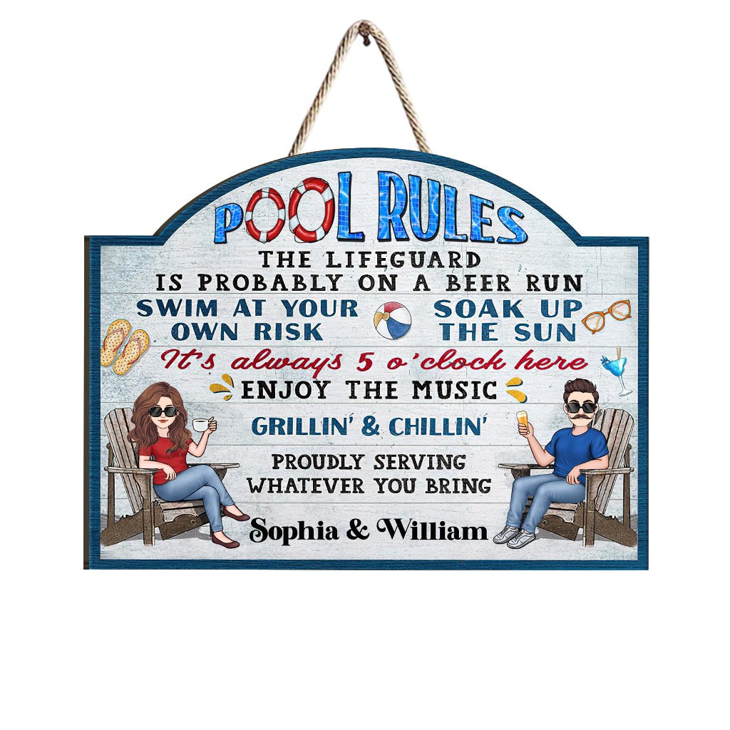 Pool Rules Swim At Your Own Risk - Personalized Backyard Wood Sign