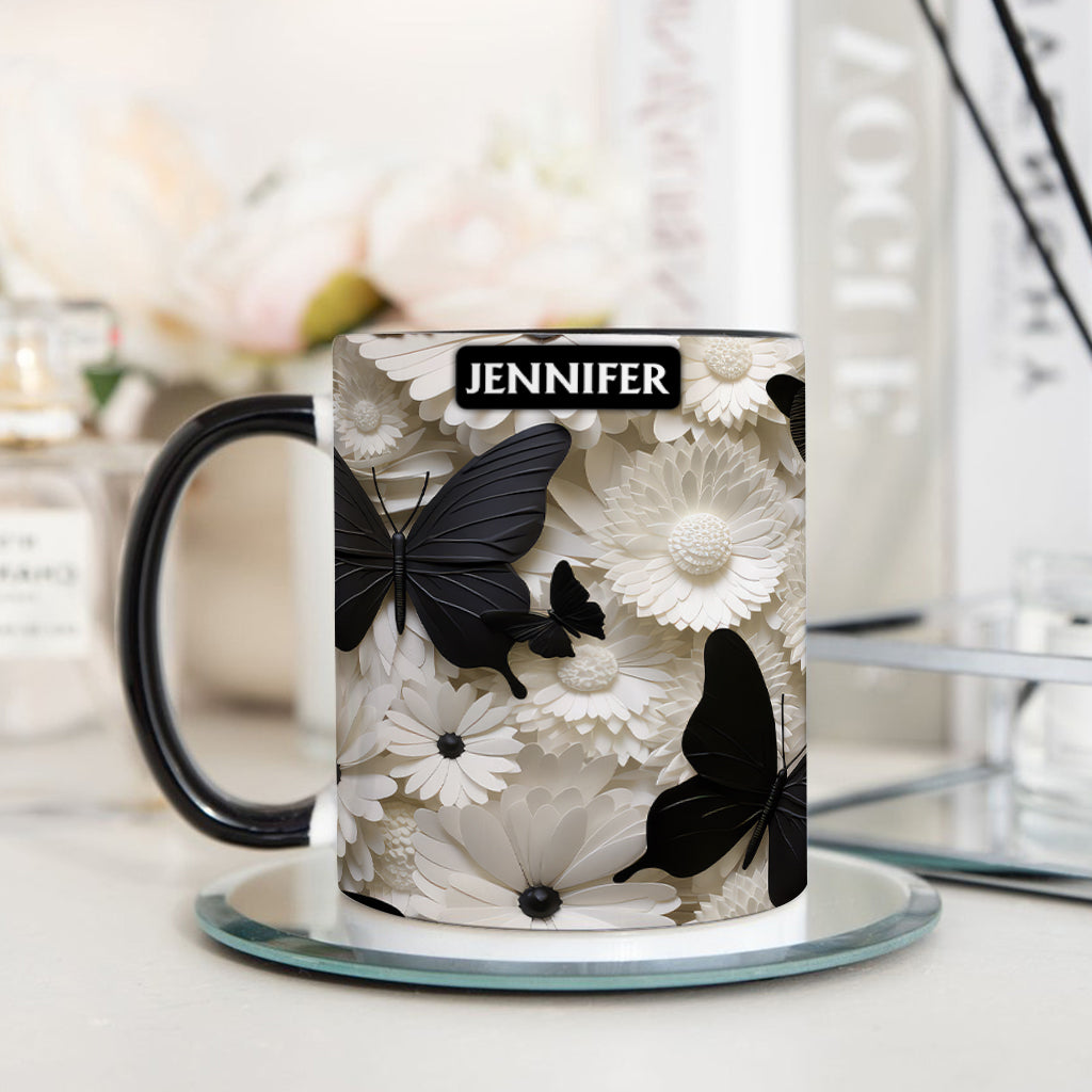 Discover Elegant Black And White Butterflies And Flowers - Personalized Butterfly Accent Mug