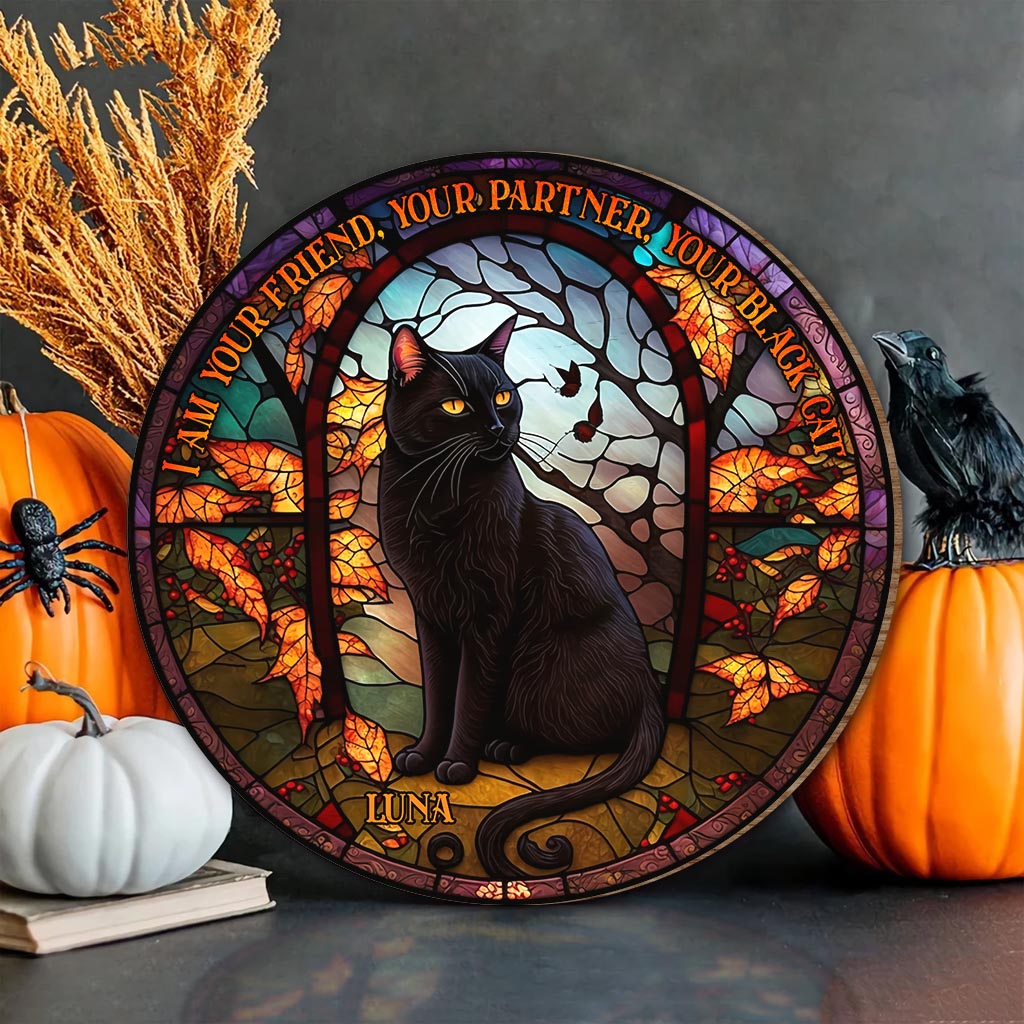 Black Cat - Personalized Black Cat Round Wood Sign