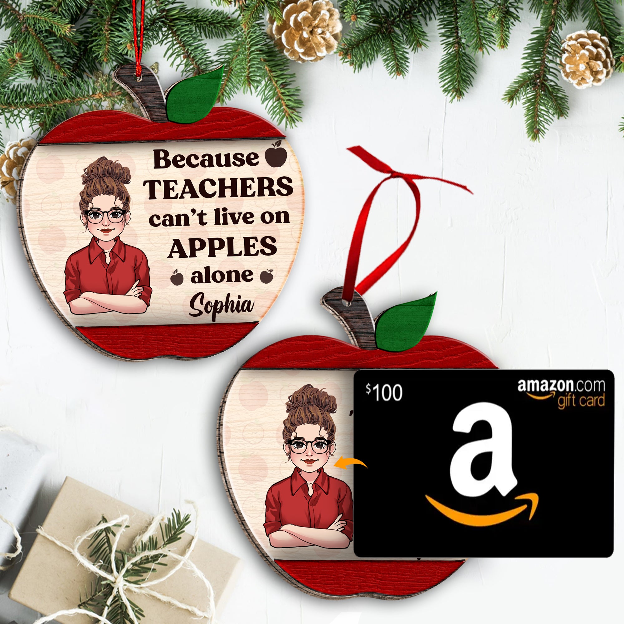 Because Teachers Can't Live On Apples Alone - Personalized Teacher 2 Layered Piece Ornament
