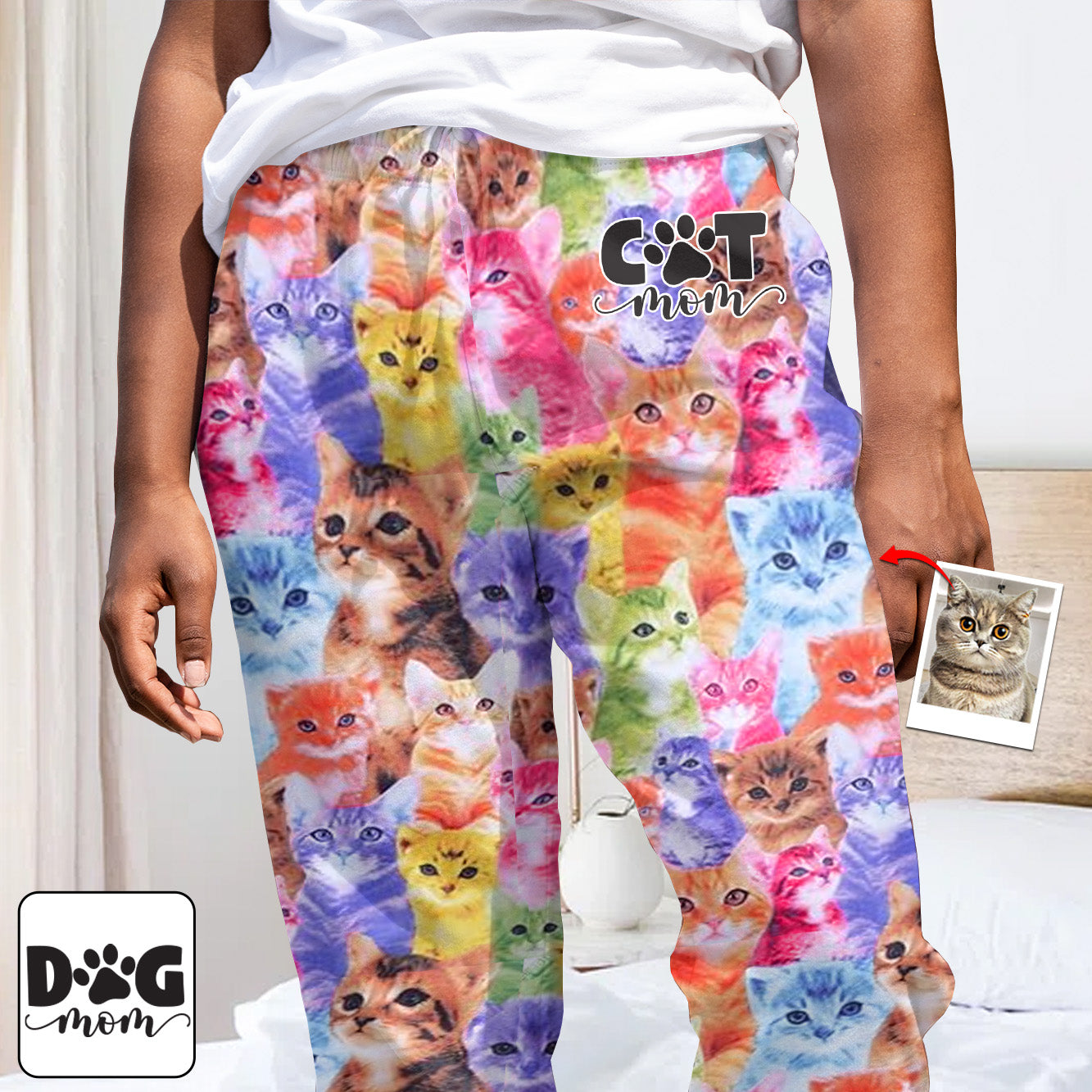 Photo Insert Transferring Into Colorful Style - Personalized Cat Button Down Pajamas