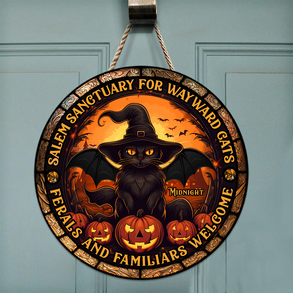 Salem Sanctuary for Wayward Cats - Personalized Black Cat Round Wood Sign