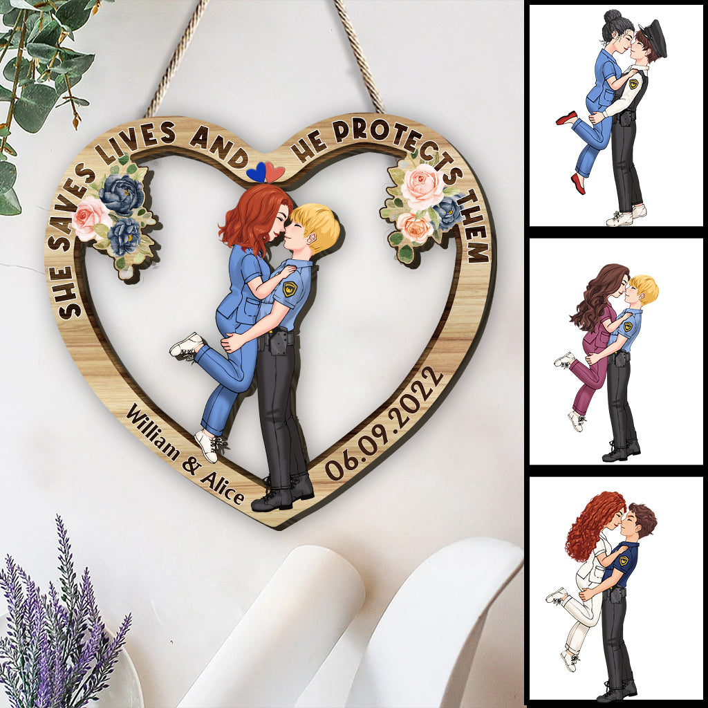 She Saves Lives And He Protects Them - Personalized Couple Custom Shaped Wood Sign