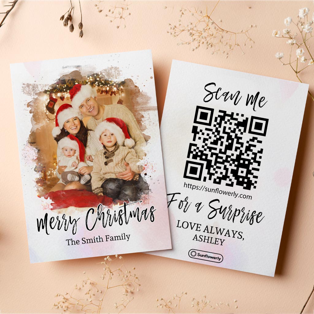 Merry Christmas Photo Upload Watercolor Effect - Personalized QR Greeting Card