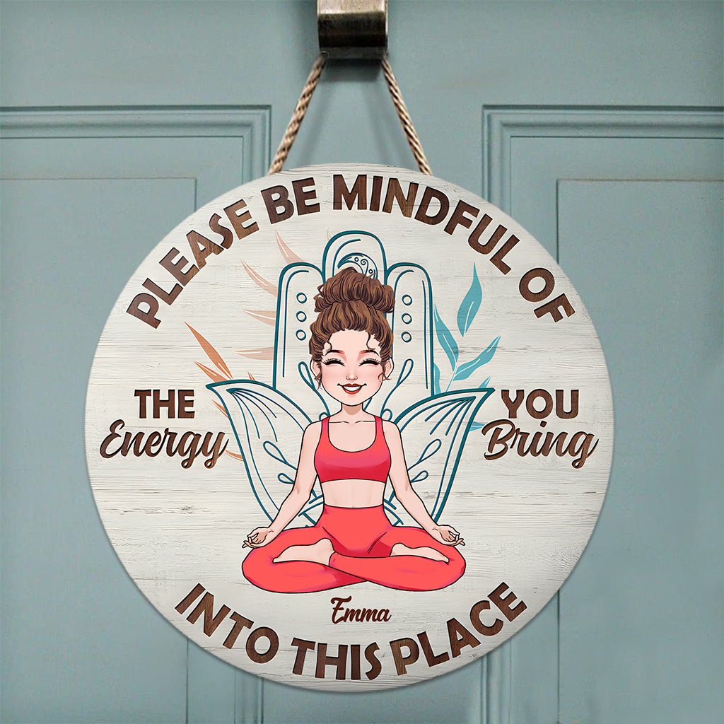 Please Be Mindful - Personalized Yoga Round Wood Sign