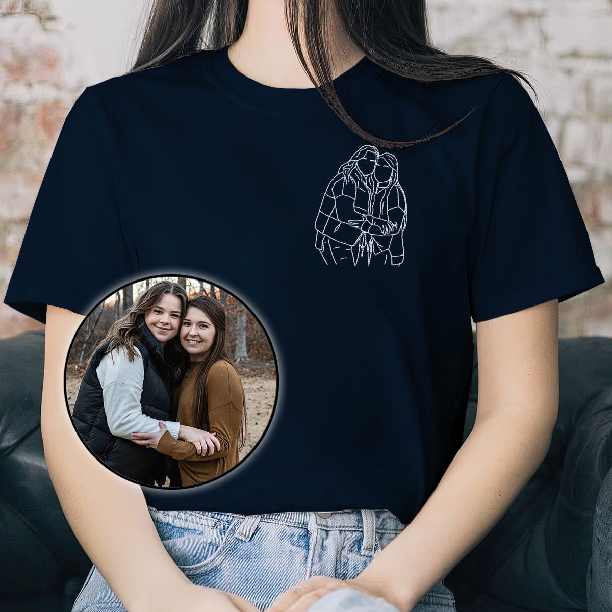 Custom Line Art - Personalized Bestie Embroidered T-shirt