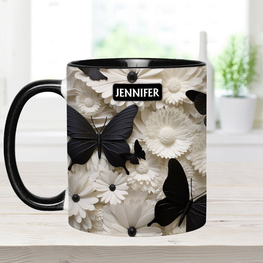Elegant Black And White Butterflies And Flowers - Personalized Butterfly Accent Mug