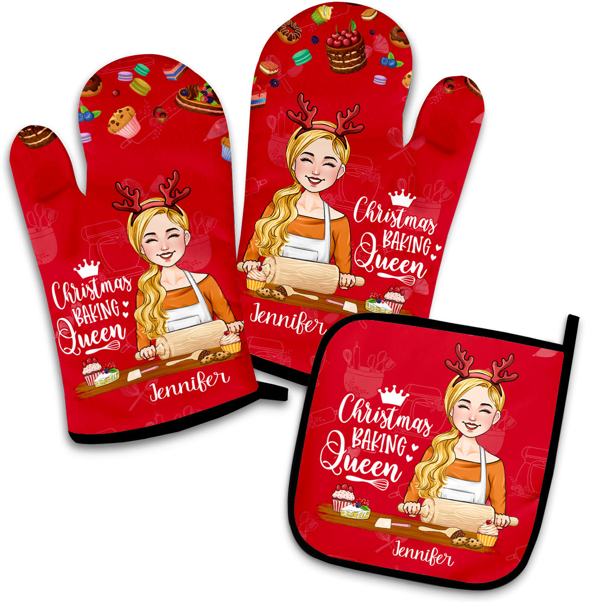 Christmas Baking Queen - Personalized Baking Oven Mitts & Pot Holder Set