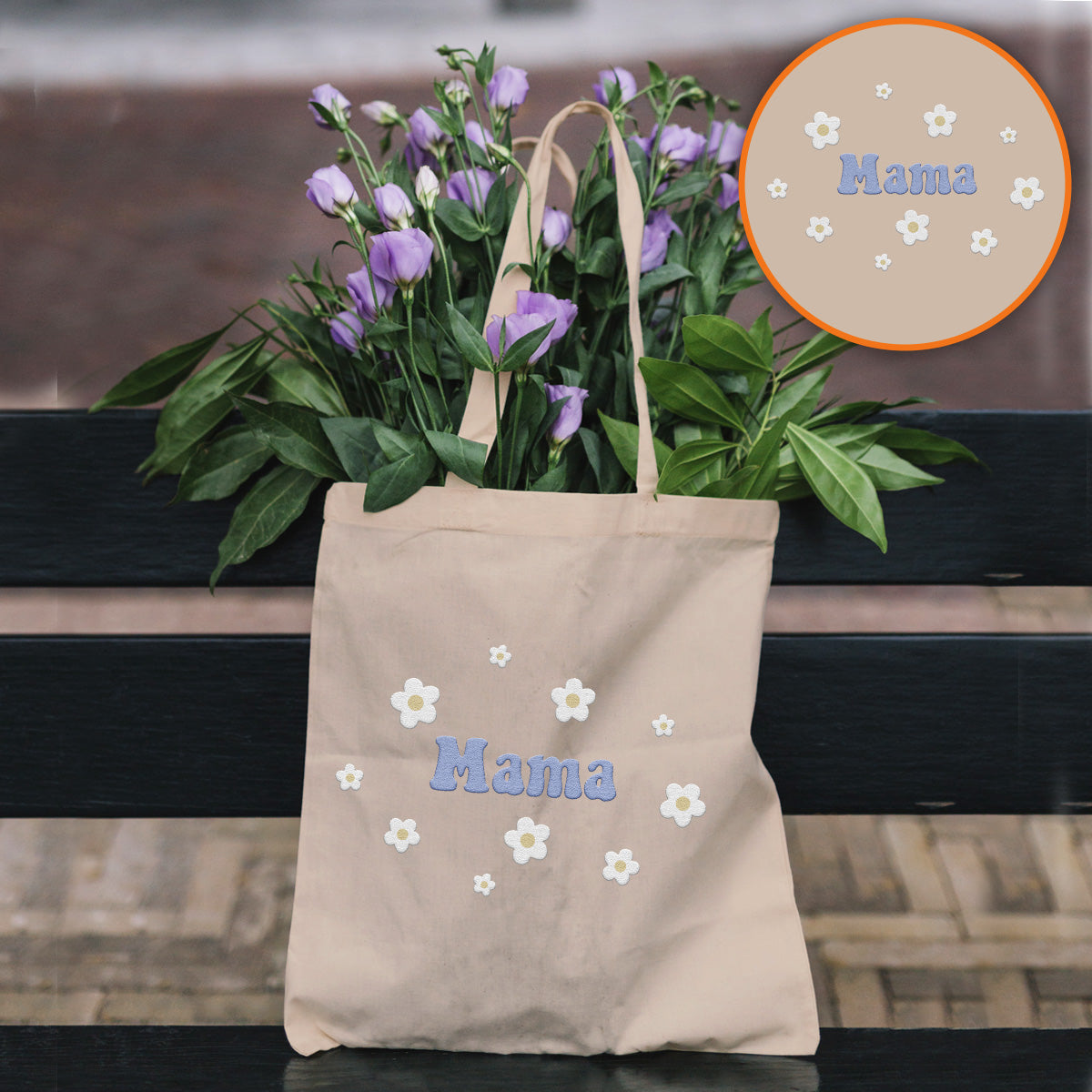 Custom Name With Flower - Personalized Mother Embroidered Tote Bag