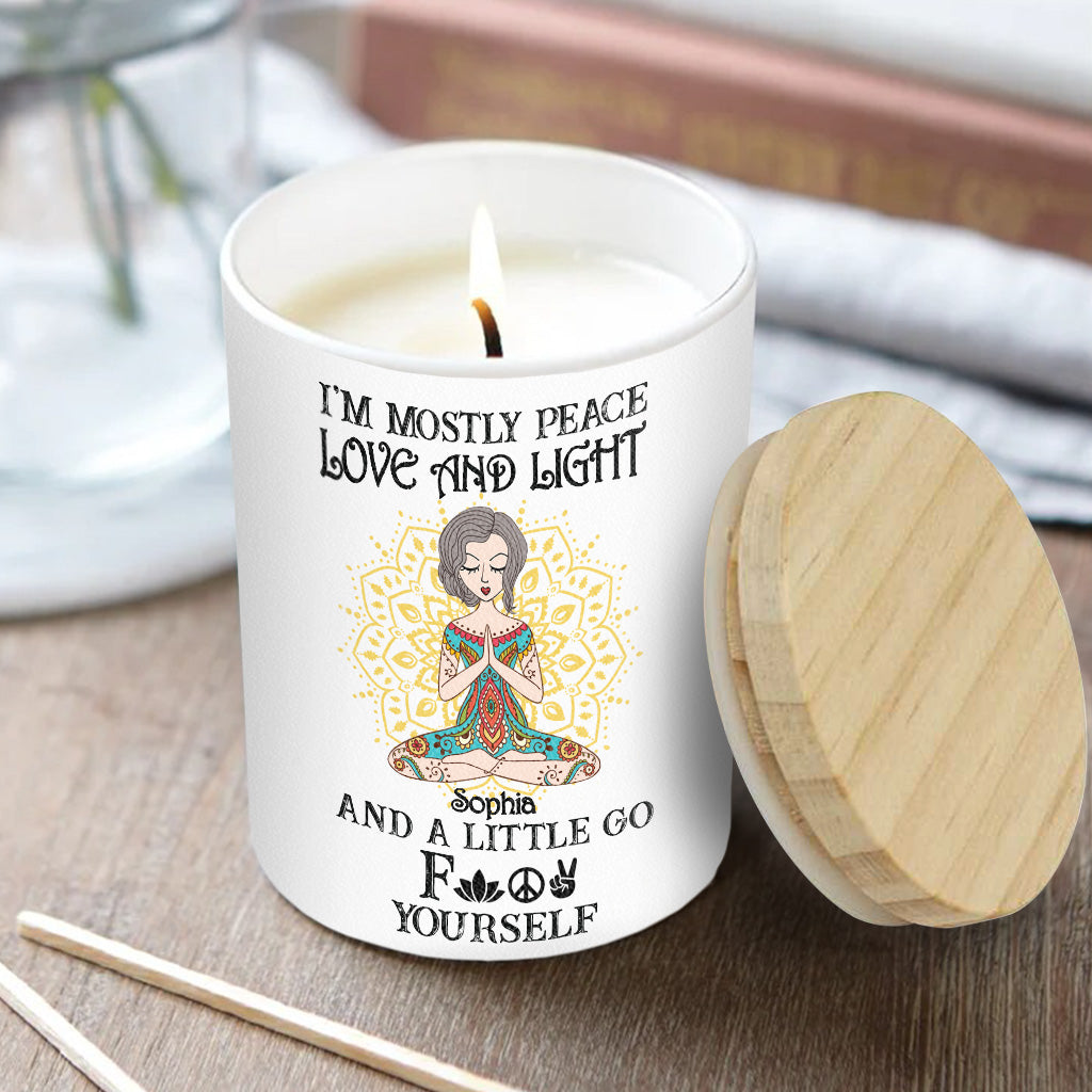 I’m Mostly Peace Love And Light - Personalized Yoga Candle With Wooden Lid