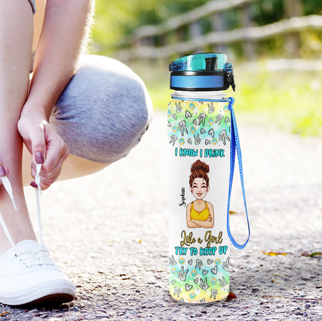 Like A Girl Try To Keep Up - Personalized Volleyball Water Tracker Bottle