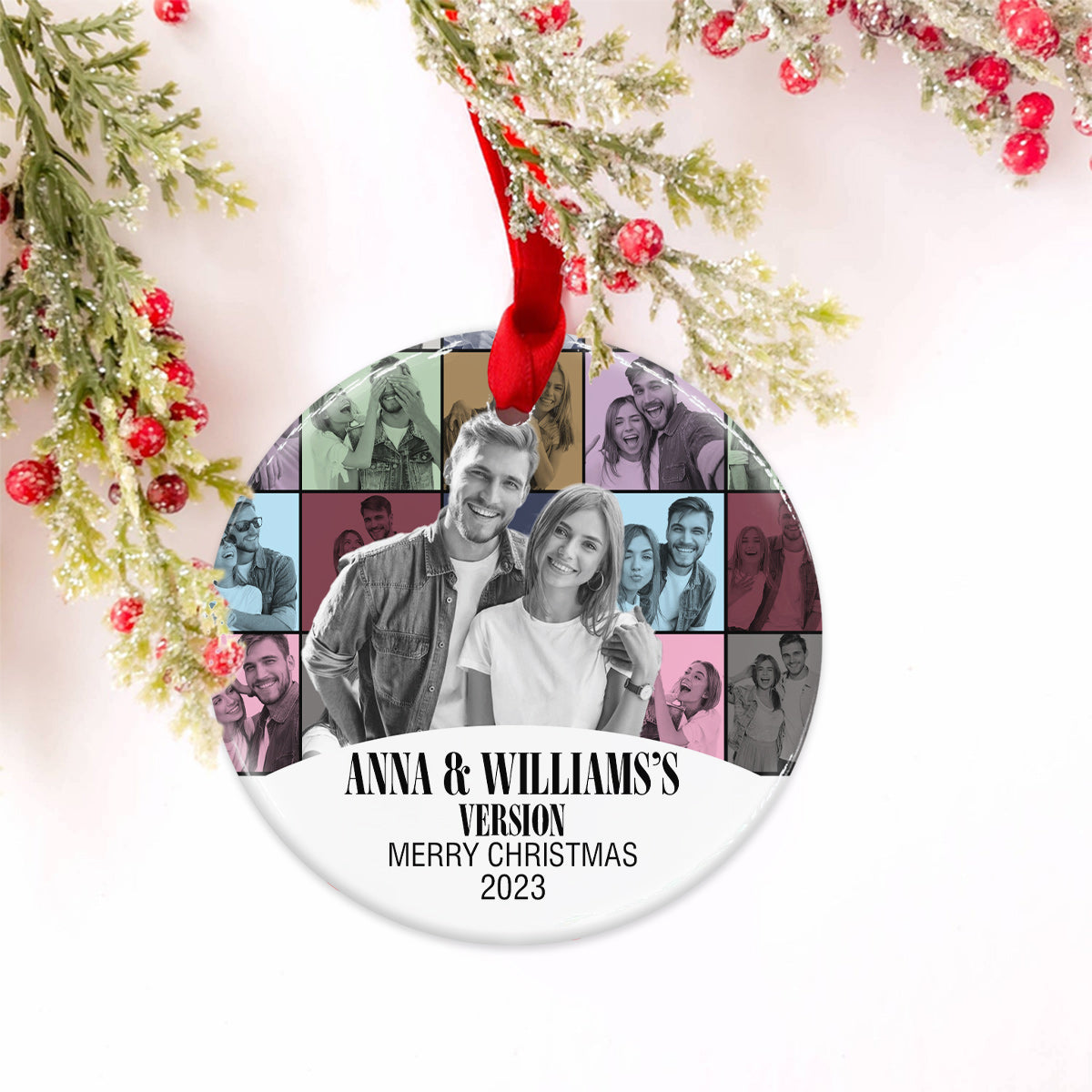 Merry Christmas Version - Personalized Couple Ceramic Circle Ornament