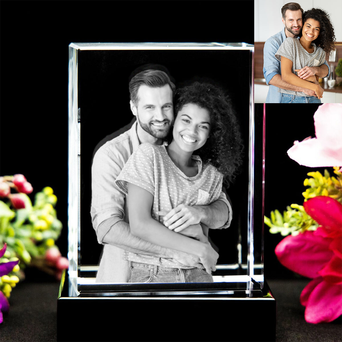 Custom Glass Laser Etched & Engraved Photo Picture - Personalized Couple Laser Engraving 3D Cuboid Shaped Crystal Lamp