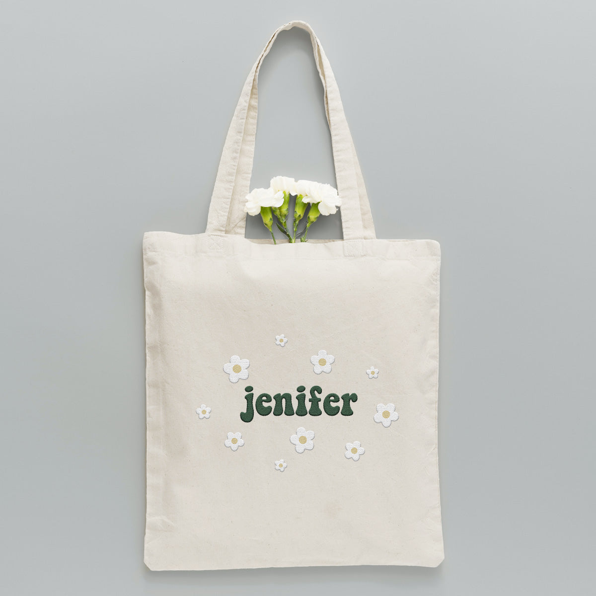 Custom Name With Flower - Personalized Couple Embroidered Tote Bag