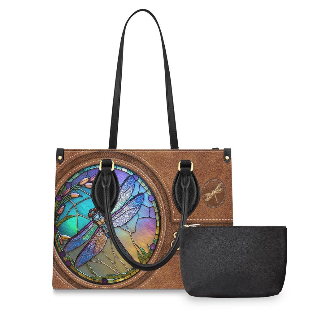 Stained Glass Dragonfly - Personalized Dragonfly Leather Handbag