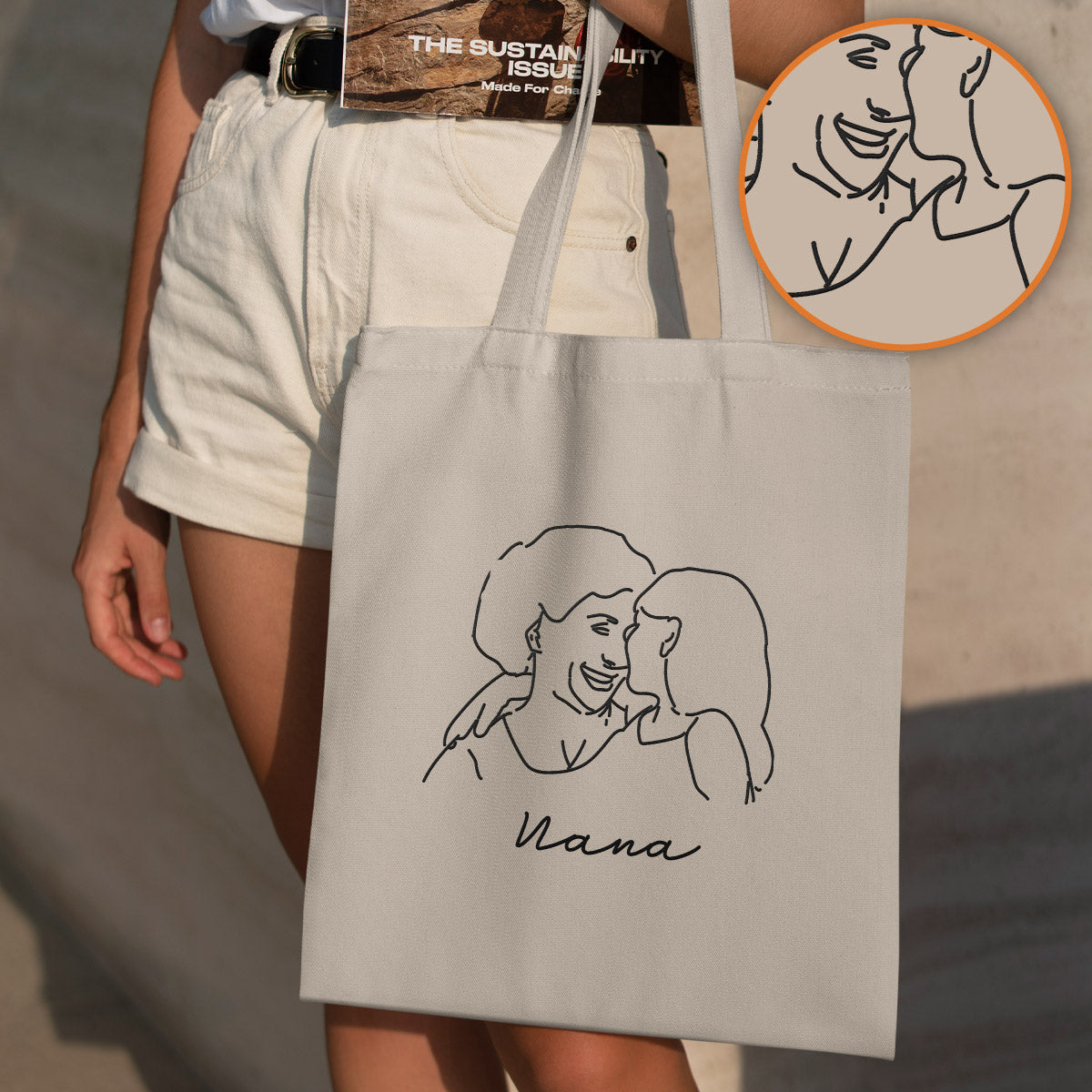 Custom Photo Line Art - Personalized Grandma Embroidered Tote Bag