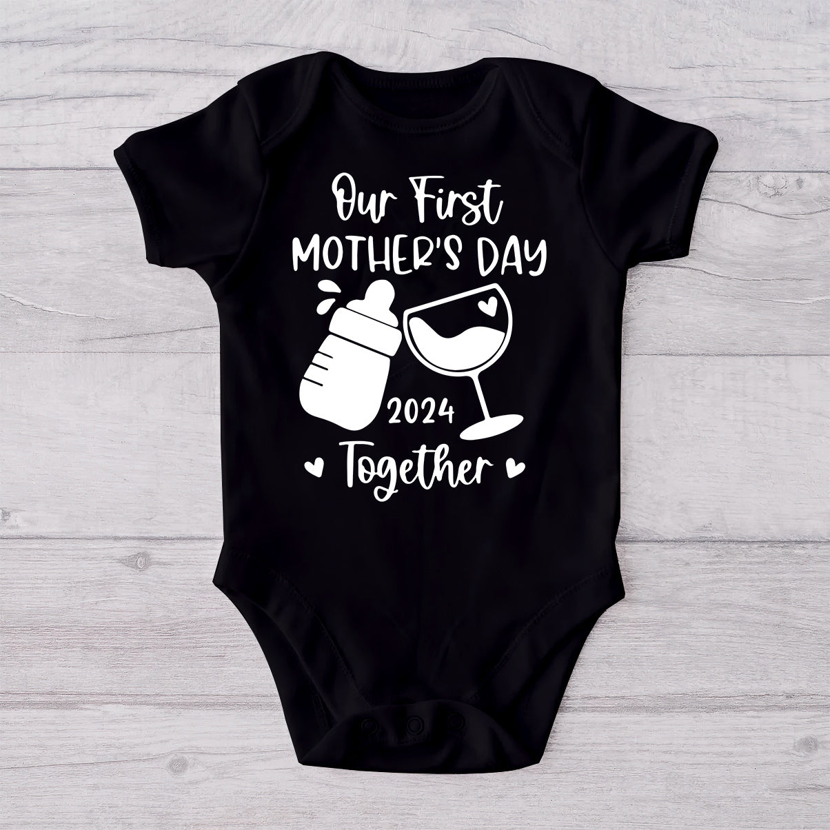 Our 1st First Mother's Day Together Milk And Wine - Personalized Mother T-shirt And Baby Onesie