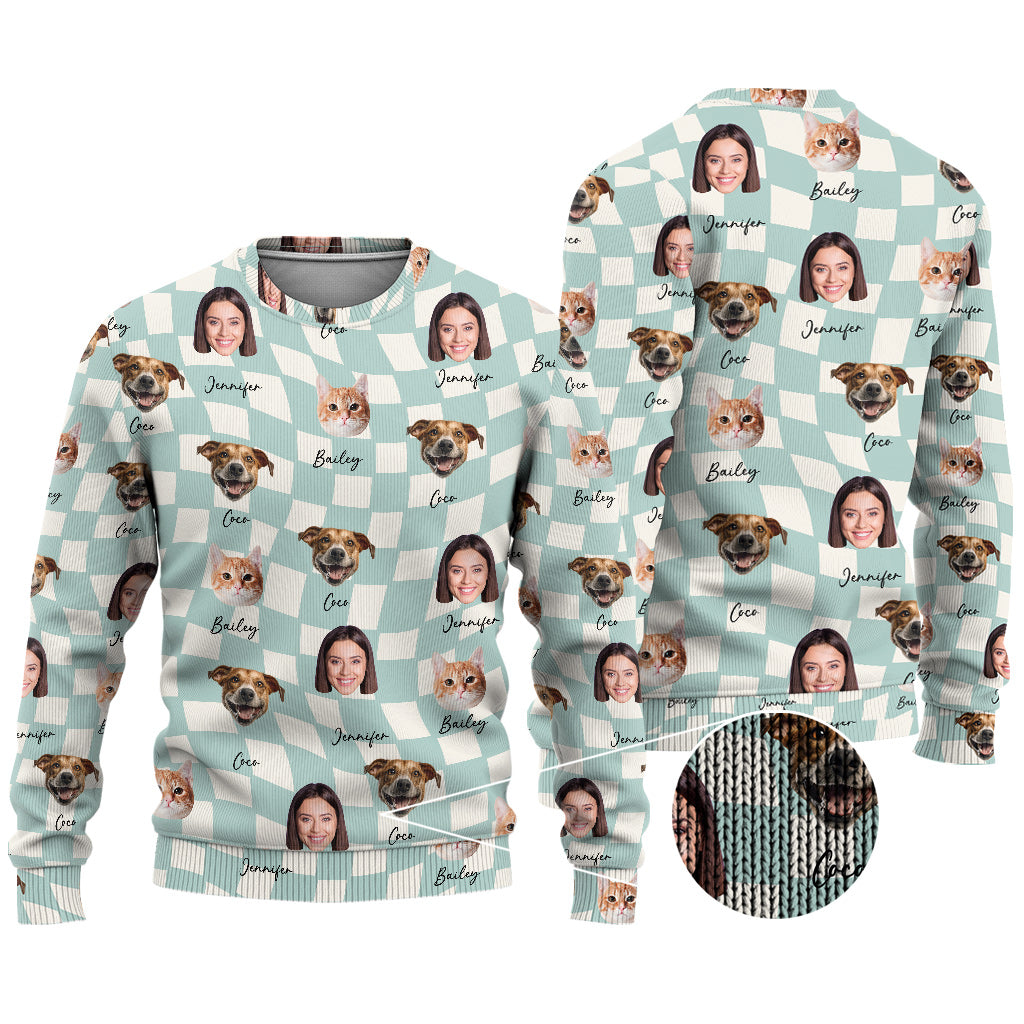 Any Photo Upload On Plaid Pattern With Many Background Color - Personalized Cat Ugly Sweater