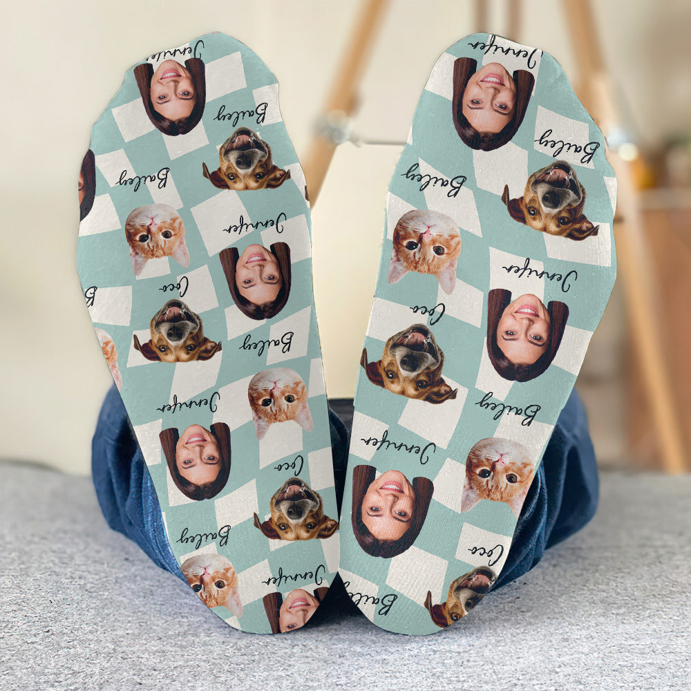 Any Photo Upload On Plaid Pattern With Many Background Color - Personalized Cat Socks