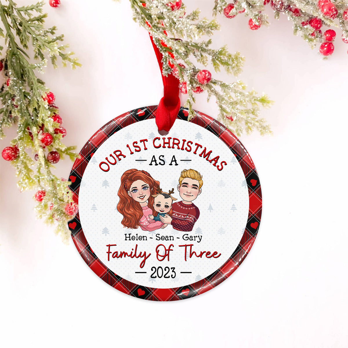 1St Christmas As Family Of Three - Gift for Newborn - Personalized Ceramic Circle Ornament