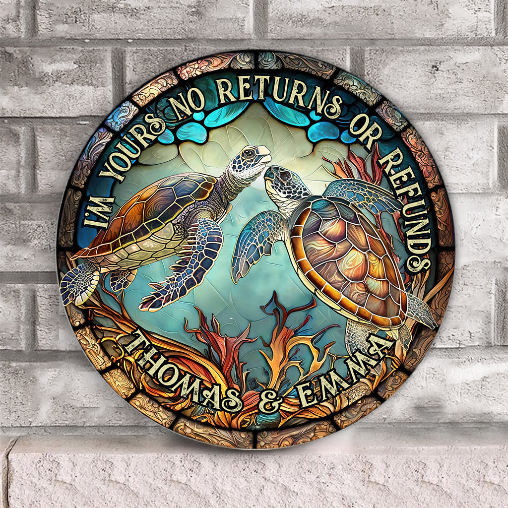 Stained Glass Turtle Couple - Turtle gift for husband, wife, boyfriend, girlfriend - Personalized Round Wood Sign