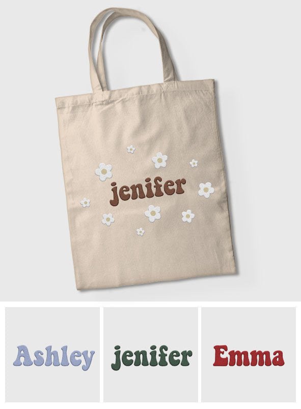 Custom Name With Flower - Personalized Aunt Embroidered Tote Bag