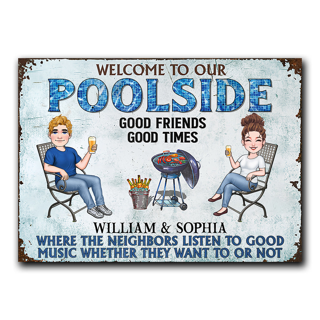 Welcome To Our Poolside - Personalized Backyard Rectangle Metal Sign