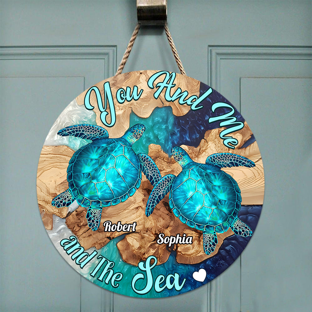 You And Me And The Sea - Personalized Turtle Round Wood Sign