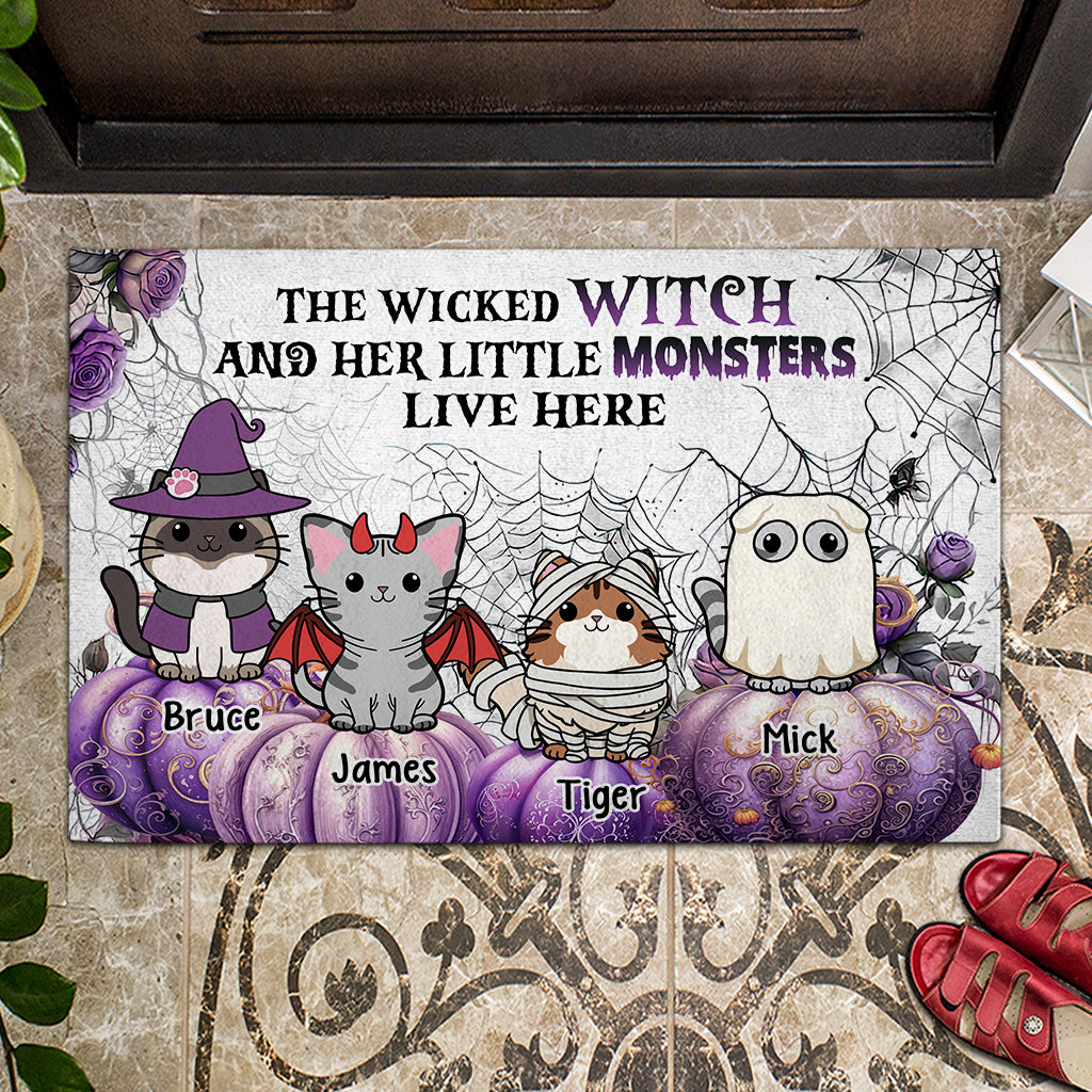 Discover A Wicked Witch And Little Monsters - Personalized Cat Doormat