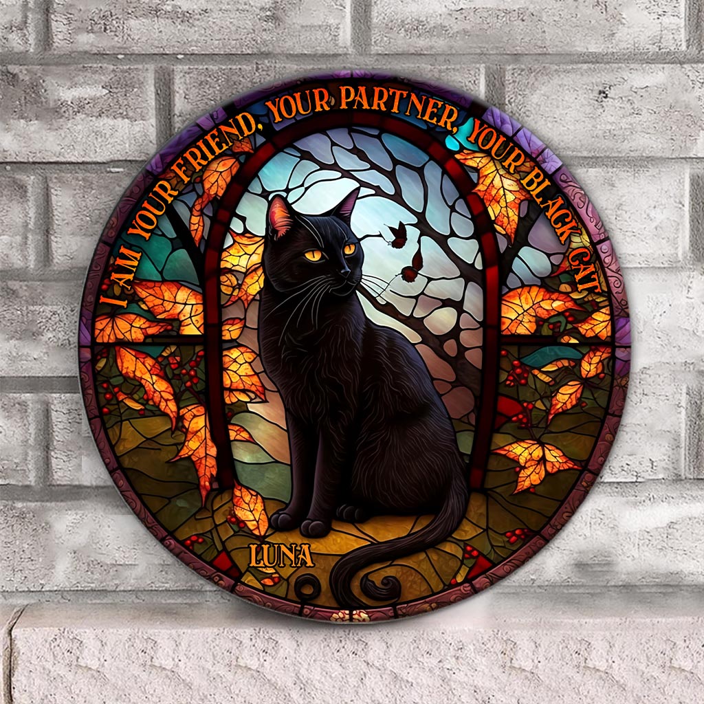 Black Cat - Personalized Black Cat Round Wood Sign