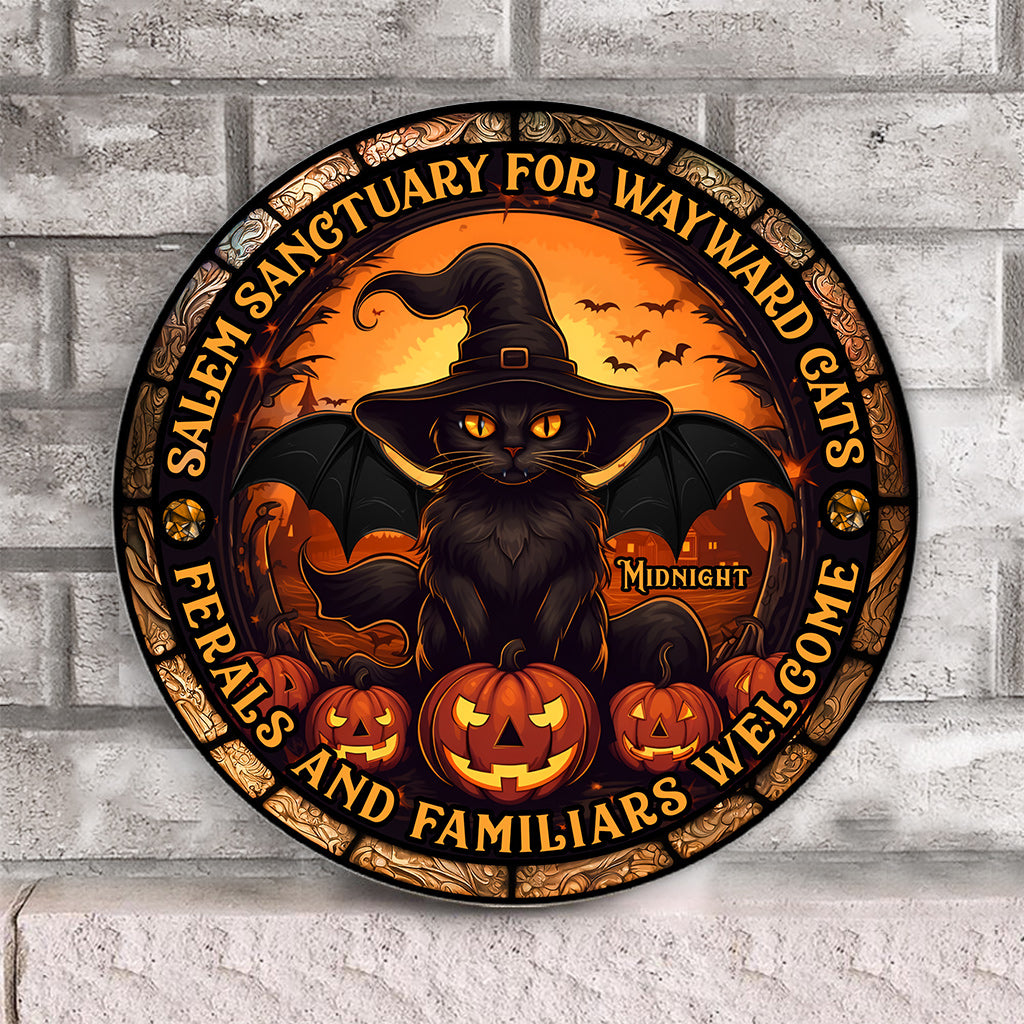 Salem Sanctuary for Wayward Cats - Personalized Black Cat Round Wood Sign