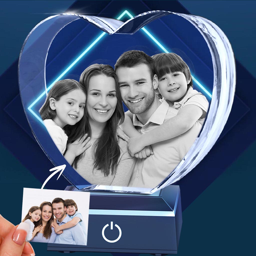 Custom Photo - Personalized Family Laser Engraving 3D Heart Shaped Crystal Lamp