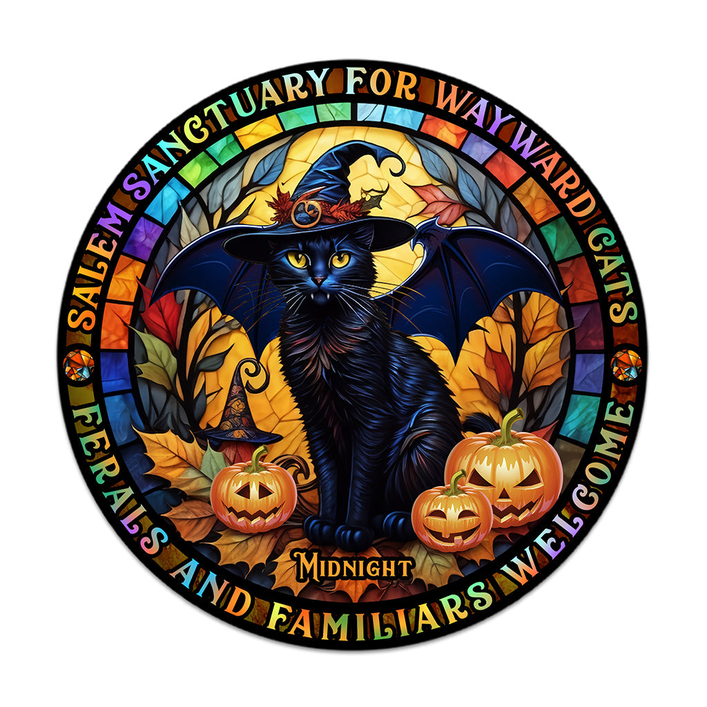 Salem Sanctuary for Wayward Cats - Personalized Black Cat Round Wood Sign