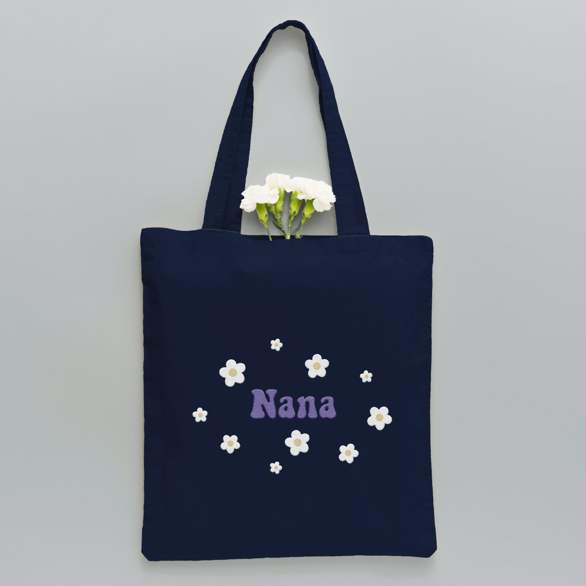 Custom Name With Flower - Personalized Grandma Embroidered Tote Bag